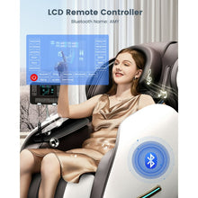 Load image into Gallery viewer, Woman enjoying a massage in the 4D Zero Gravity Shiatsu Massage Chair with LCD remote control and Bluetooth connectivity.