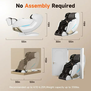 Dimensions and features of Golden Massage 4D Chair showing no assembly required, space requirements, and weight capacity.