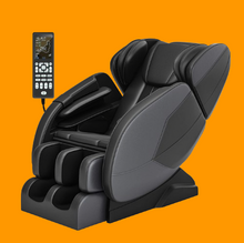 Load image into Gallery viewer, Grey full-body massage chair with remote, featuring zero gravity and Bluetooth, on an orange background.