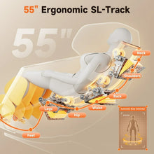 Load image into Gallery viewer, Diagram of 55” ergonomic SL-track for Golden Massage chair, highlighting massage areas: neck, shoulders, back, hips, and legs.