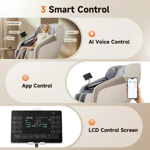 Smart control features of the Golden Massage 4D Massage Chair, highlighting AI voice, app, and LCD controls.