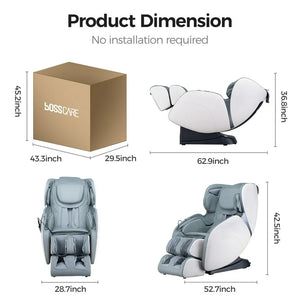 Product dimensions of the bossCARE massage chair with no installation required, featuring detailed measurements and design views.