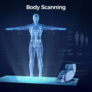 Body scanning illustration showcasing weight test and height measurements for optimal massage chair settings.