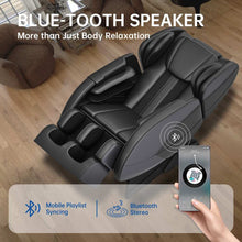 Load image into Gallery viewer, Grey massage chair with Bluetooth speaker and mobile playlist syncing for full-body relaxation.