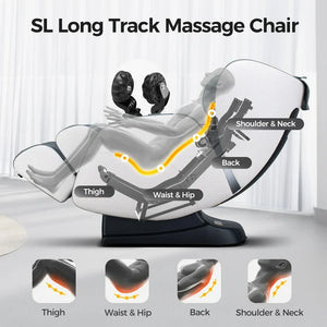 SL Long Track Massage Chair diagram showing massage areas: shoulder, neck, back, waist, and hip for optimal relaxation.