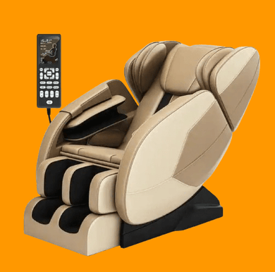 Premium khaki full body massage chair with zero gravity and Bluetooth audio, featuring remote control for ultimate relaxation.