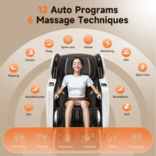 Load image into Gallery viewer, Golden Massage chair displaying 12 auto programs and 6 massage techniques for enhanced relaxation and wellness.