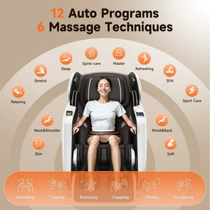 Golden Massage chair displaying 12 auto programs and 6 massage techniques for enhanced relaxation and wellness.