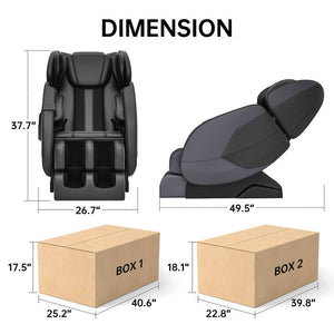 Golden Massage Chair dimensions and packaging details with box measurements shown.