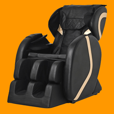 Massage chair recliner with zero gravity, full body air pressure, heat therapy, black and beige design on orange background.