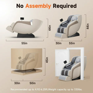 Dimensions and specifications of Golden Massage 4D Massage Chair, showcasing no assembly required features.