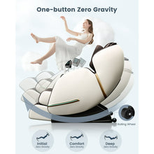 Load image into Gallery viewer, Woman enjoying a 4D Zero Gravity Shiatsu Massage Chair with heating and Bluetooth, showcasing ergonomic design and relaxation features.