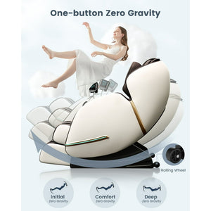 Woman enjoying a 4D Zero Gravity Shiatsu Massage Chair with heating and Bluetooth, showcasing ergonomic design and relaxation features.