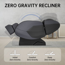 Load image into Gallery viewer, Golden Massage grey full-body massage chair with zero gravity recliner in various positions over beige background.