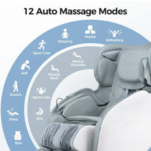 Load image into Gallery viewer, Overview of 12 auto massage modes displayed around a sleek massage chair in a light background.