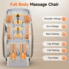 Load image into Gallery viewer, Interior view of a full body massage chair showcasing shoulder, arm airbags, back heating, leg airbags, and foot roller features.