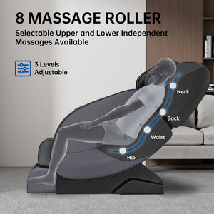 Massage chair with 8 rollers demonstrating neck, back, waist, hip support in a zero gravity position. Features 3 adjustable levels.