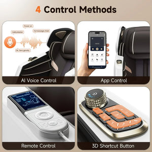 Golden Massage chair control methods: AI voice, app control, remote control, and 3D shortcut button features.