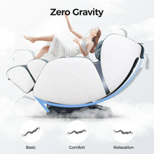 Load image into Gallery viewer, Woman relaxing in a Zero Gravity massage chair showcasing Basic, Comfort, and Relaxation modes.