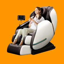 Load image into Gallery viewer, Woman relaxing in a 4D Zero Gravity Shiatsu Massage Chair with heating and Bluetooth on an orange background.