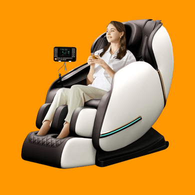 Woman relaxing in a 4D Zero Gravity Shiatsu Massage Chair with heating and Bluetooth on an orange background.