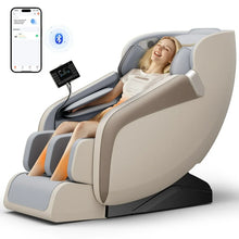 Load image into Gallery viewer, Woman relaxing in a Golden Massage 4D Massage Chair with app control and Bluetooth features.