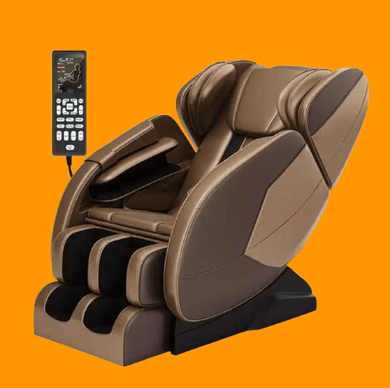 Luxury gold heated full body massage chair with zero gravity and Bluetooth features, includes remote control.