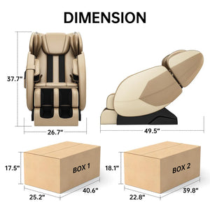 Dimensions of Premium Khaki Full Body Massage Chair with Zero Gravity and Bluetooth Audio, including shipping box sizes.