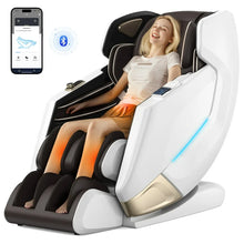 Load image into Gallery viewer, Woman relaxing in Golden Massage 4D chair with app control, showcasing advanced features and ergonomic design.